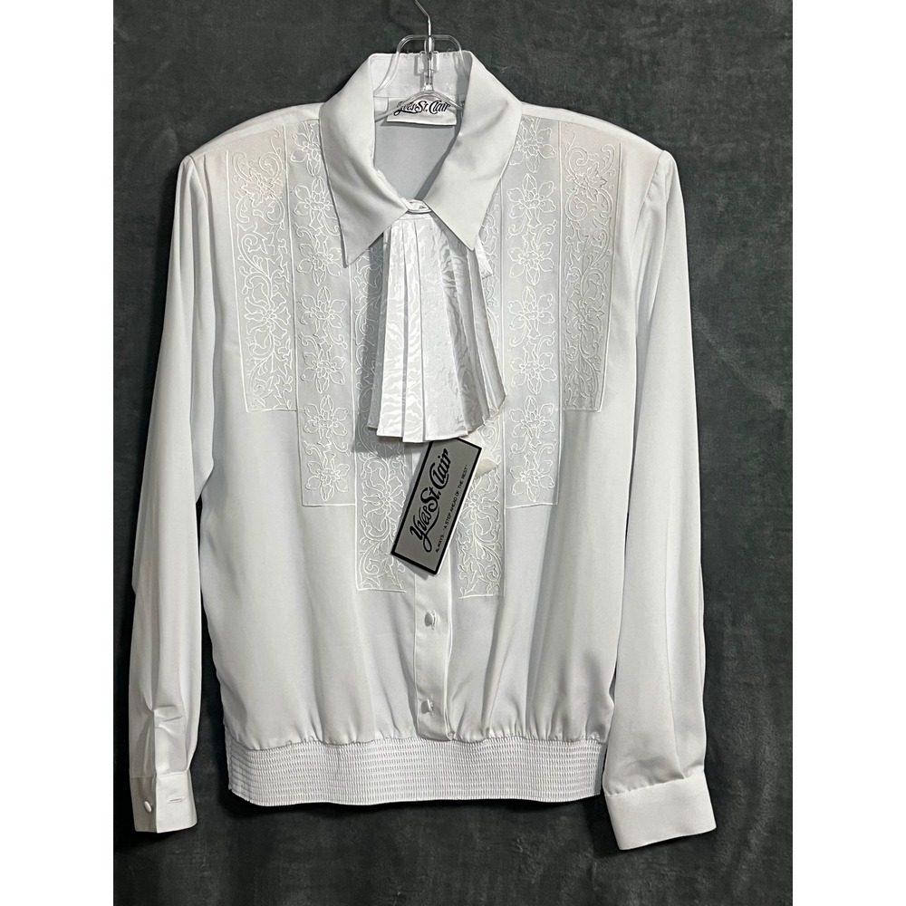 Yves St. Clair 12 White Embroidered Jabot Blouse Smocked Hem NWT Vintage